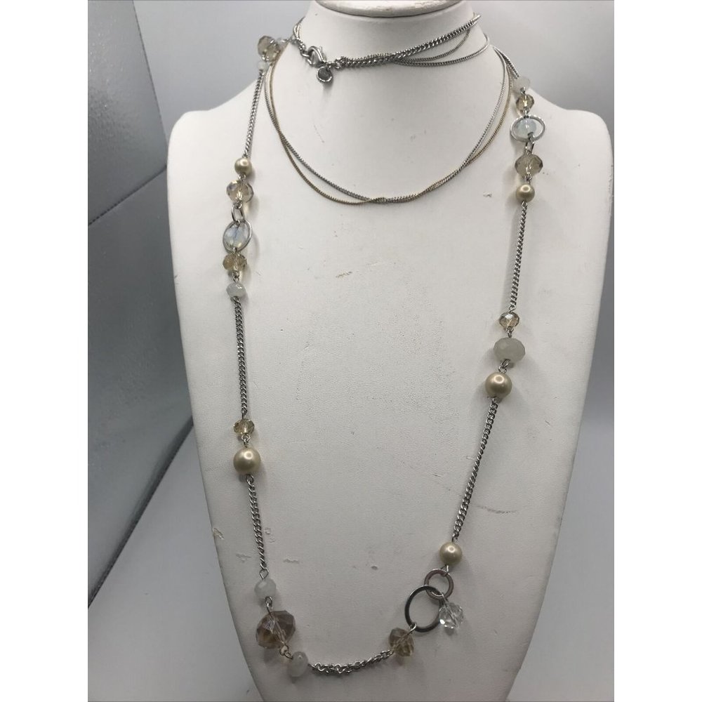 LOFT CRYSTALS/FAUX PEARLS MULTI STRAND LAYERED Silver TONE 36" NECKLACE